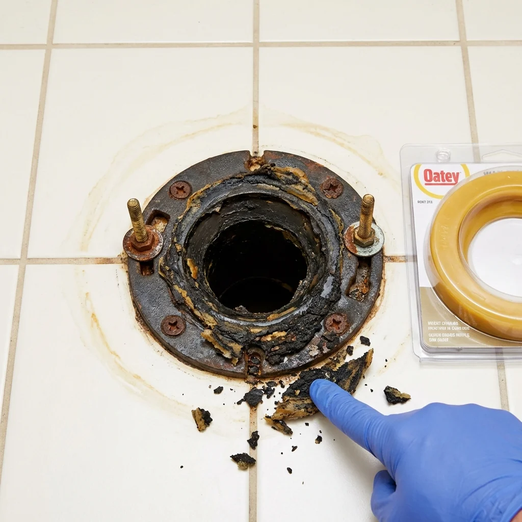 Failed wax ring showing water seepage at the base of a toilet in a Athens, PA home