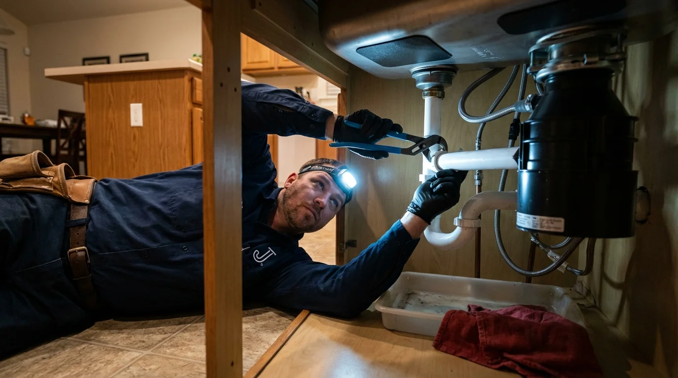 P-trap and supply line connections under a kitchen sink showing a common leak point in Athens, PA